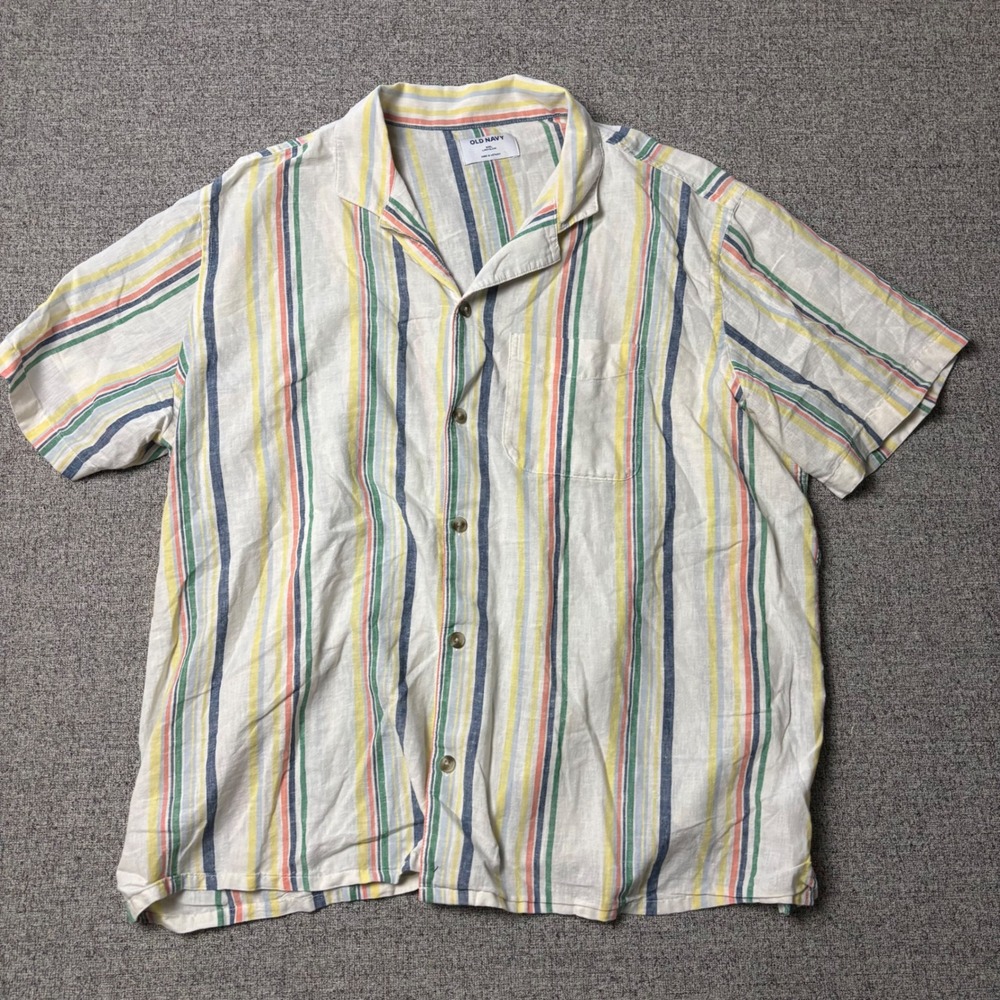 Old Navy Shirt Mens XXL Multi Color Linen Blend Striped Camp Collar Short Sleeve